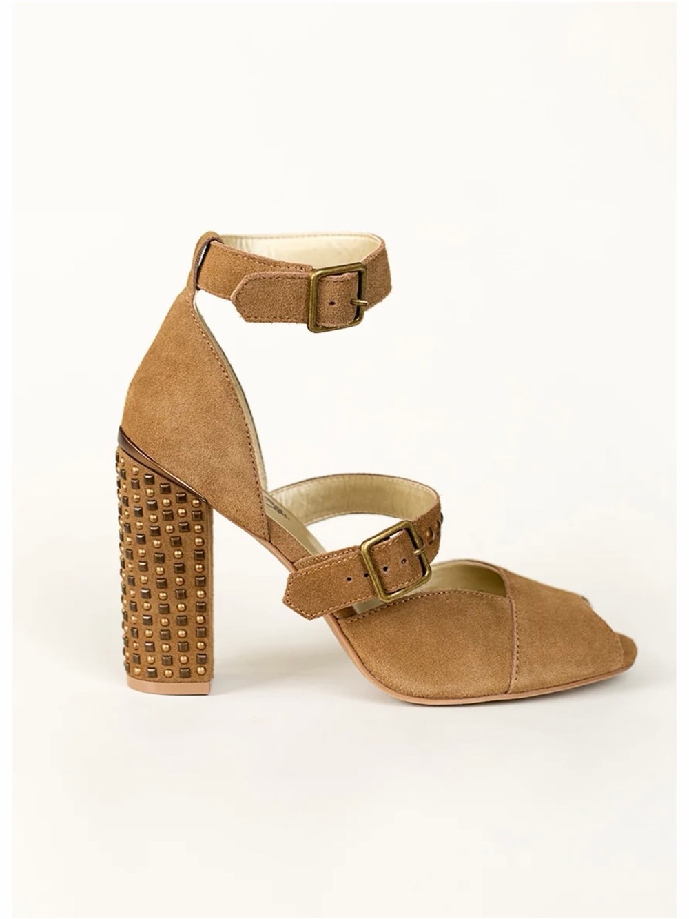 NWOT Joyfolie Nutmeg Suede Studded Block Heel Sandals - Picture 10 of 10